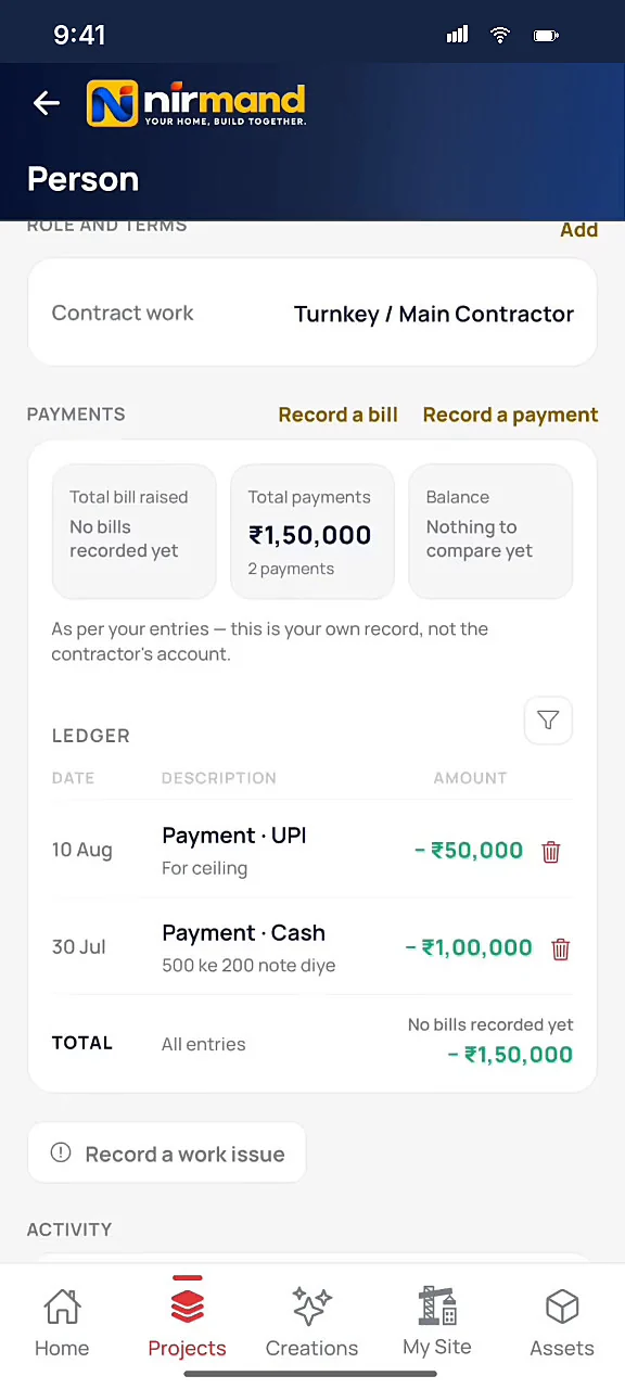 Contractor ledger: bills raised, payments made and the balance