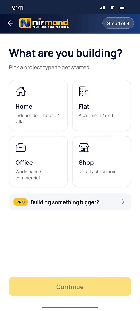 App screen, step 1 of 3: What are you building? Home, Flat, Office or Shop
