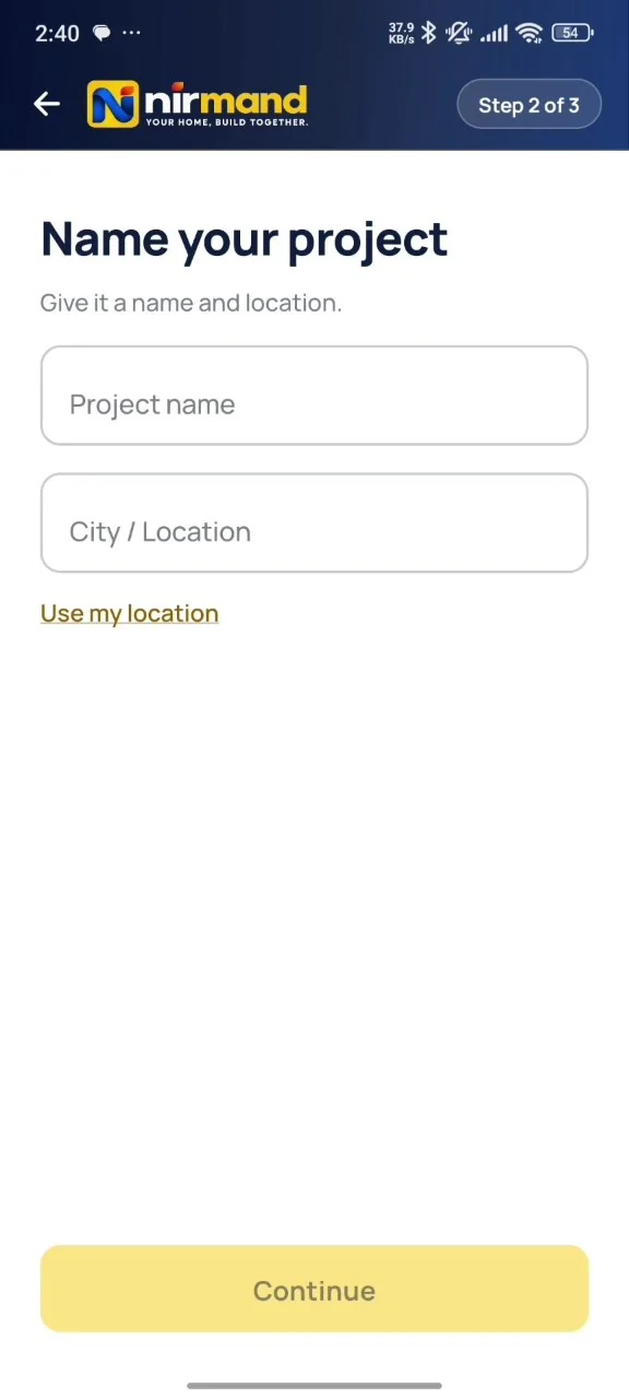 App screen, step 2 of 3: Name your project — project name and city