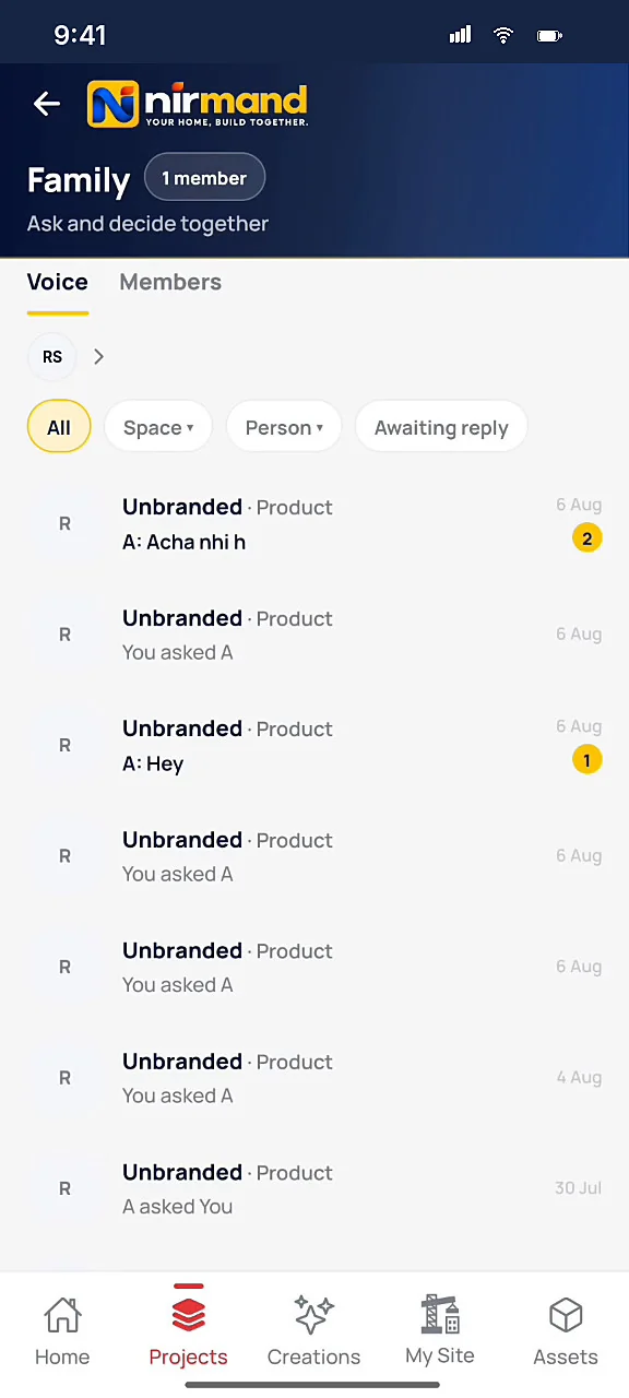 App screen: family voice, every product asked and answered