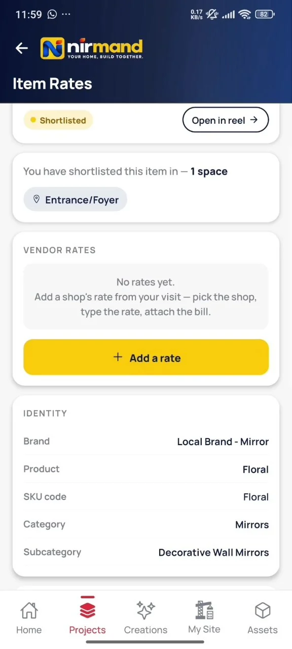 App screen: Item Rates — add a shop's rate from your visit