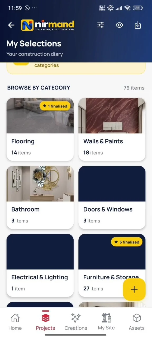 App screen: My Selections — your construction diary, best rates and browse by category