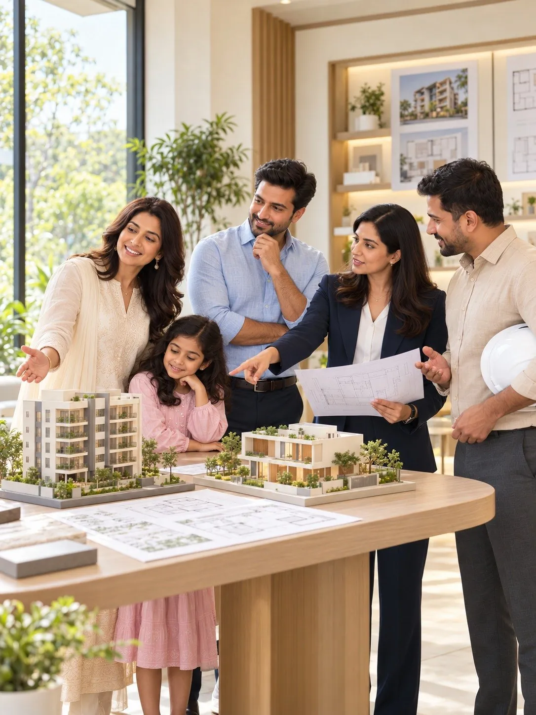 A family with their architect and contractor, deciding over the plan in the new living room